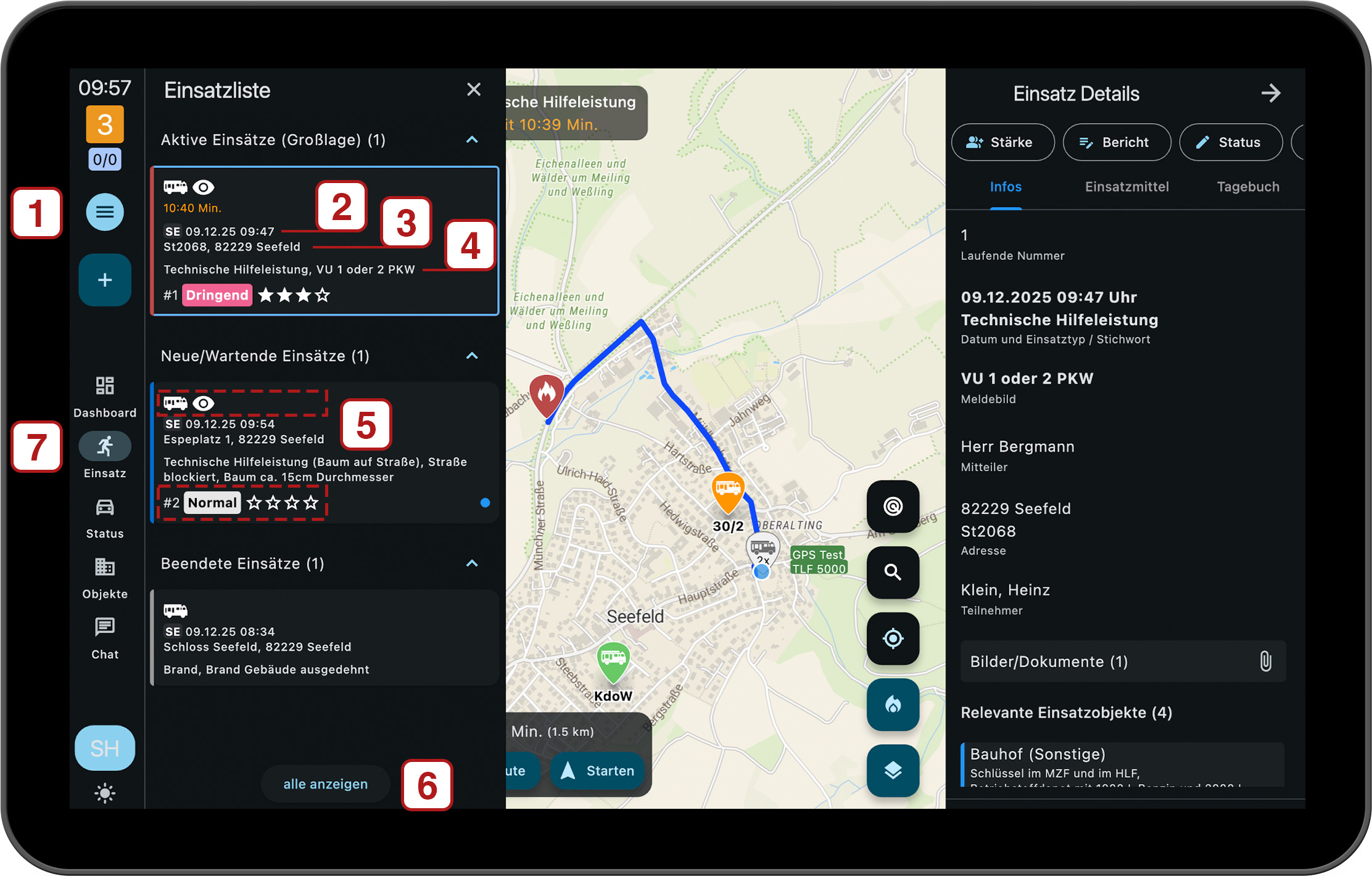 Einsatzort auf Karte mit ausgeklappter Einsatzliste