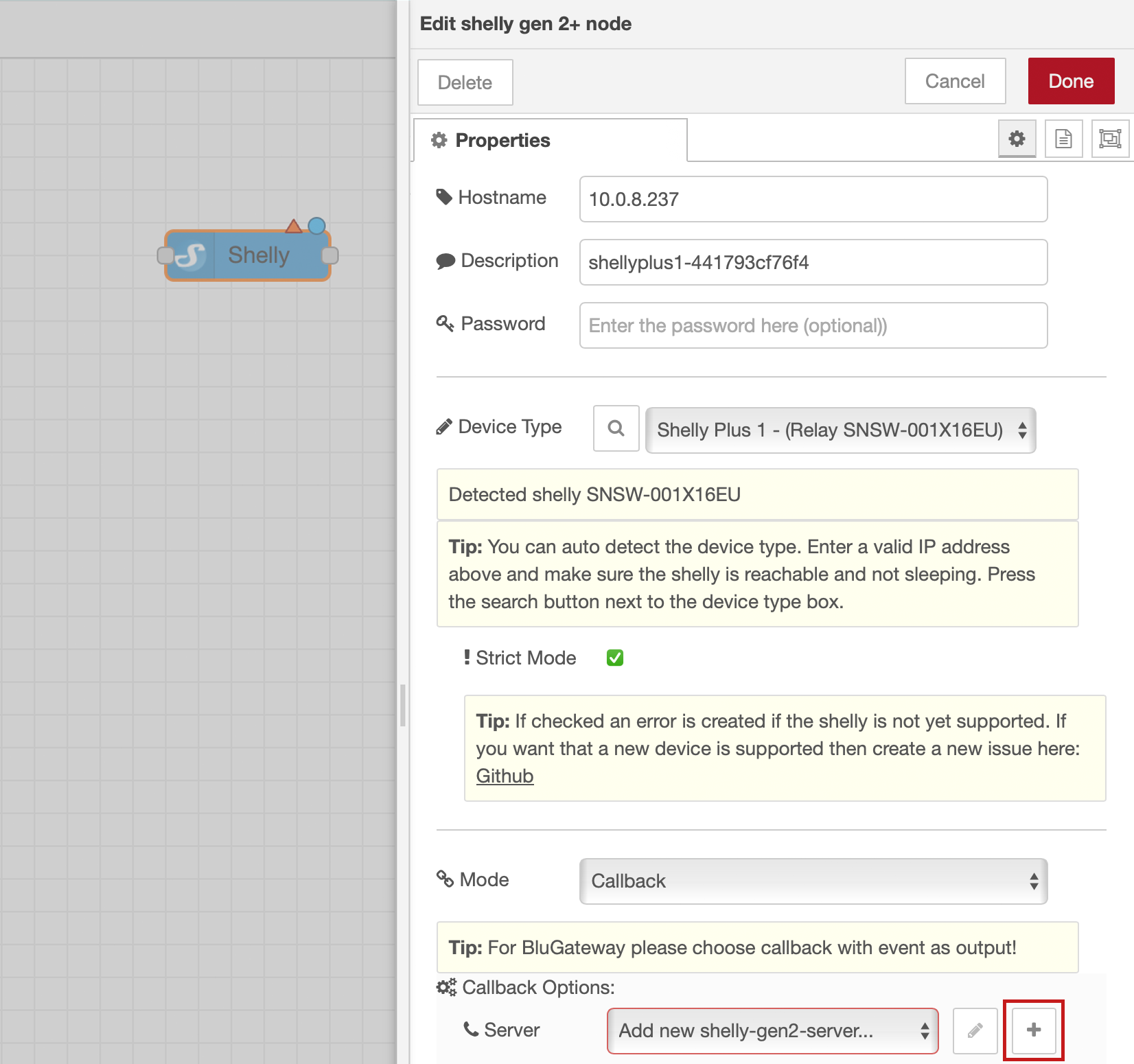 Shelly Node Server hinzufügen