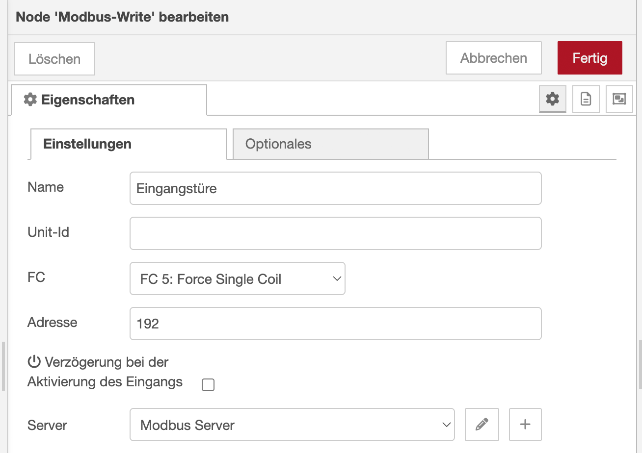 Modbus Bitadresse über die Modbus-Write Node ansprechen