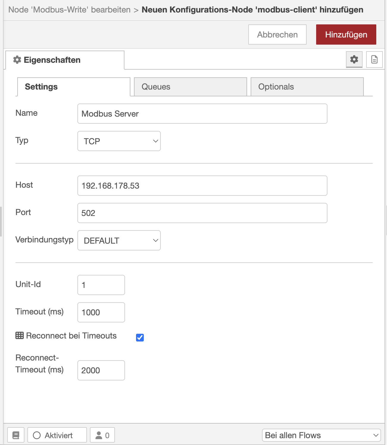 Modbus Server hinterlegen
