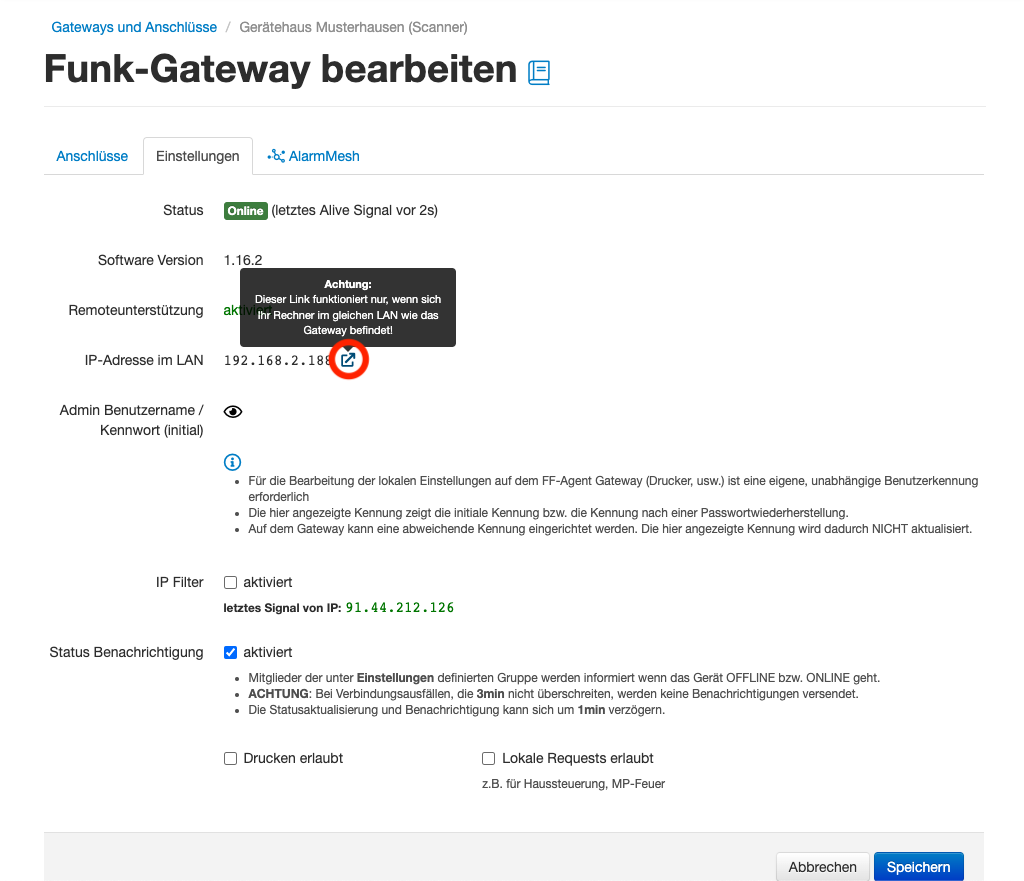 Gateway Zugang über Web-UI