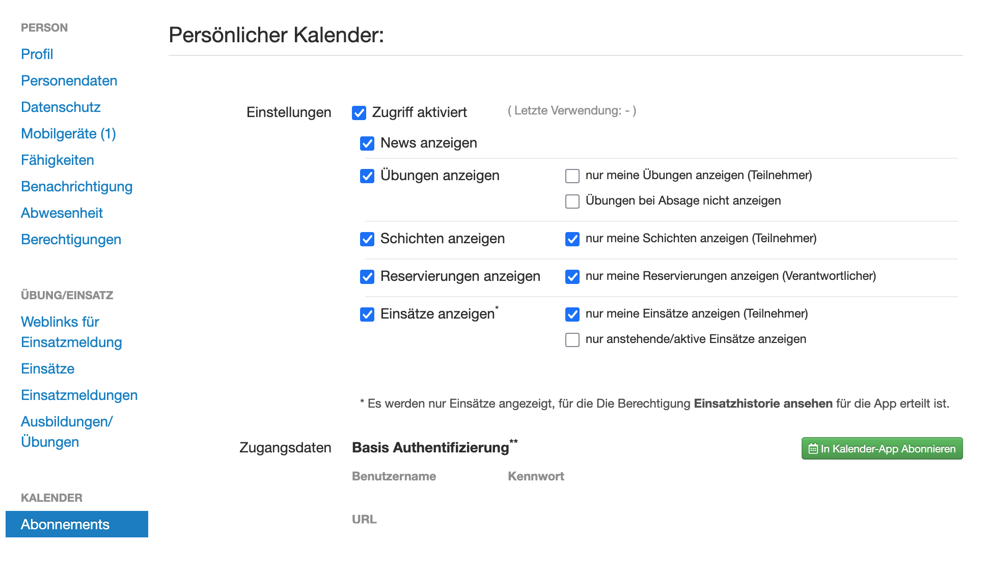 Konfiguration der gewünschten Darstellung im Kalenderabo
