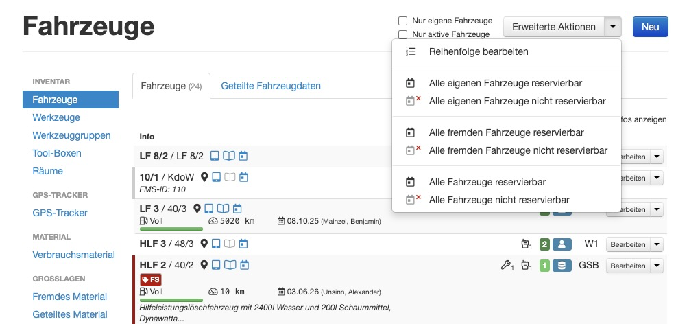 Fahrzeugübersicht mit Kennzeichnung der Reservierbarkeit
