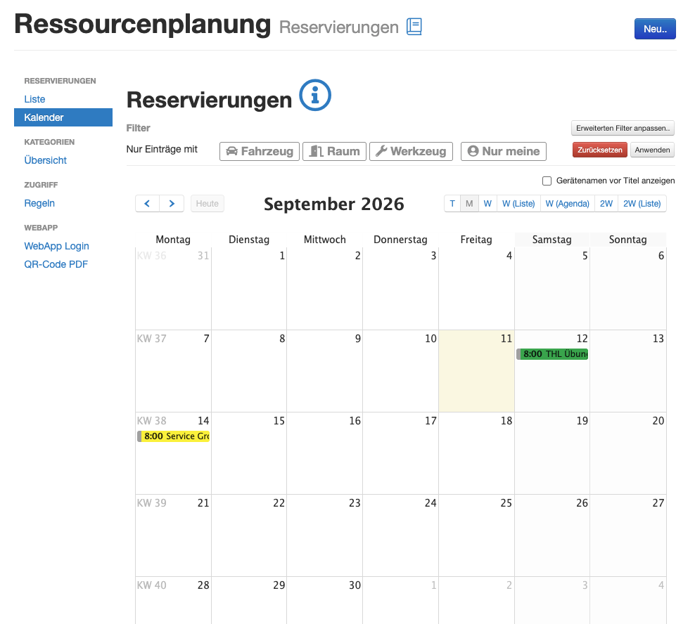 Kalenderansicht der Reservierungen