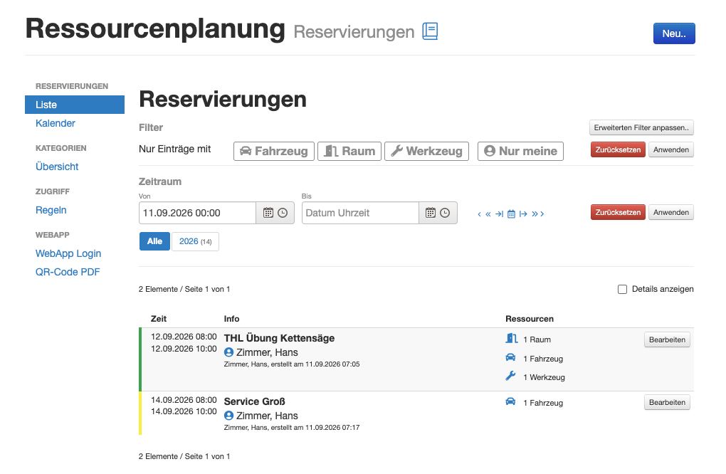 Listenansicht der Reservierungen