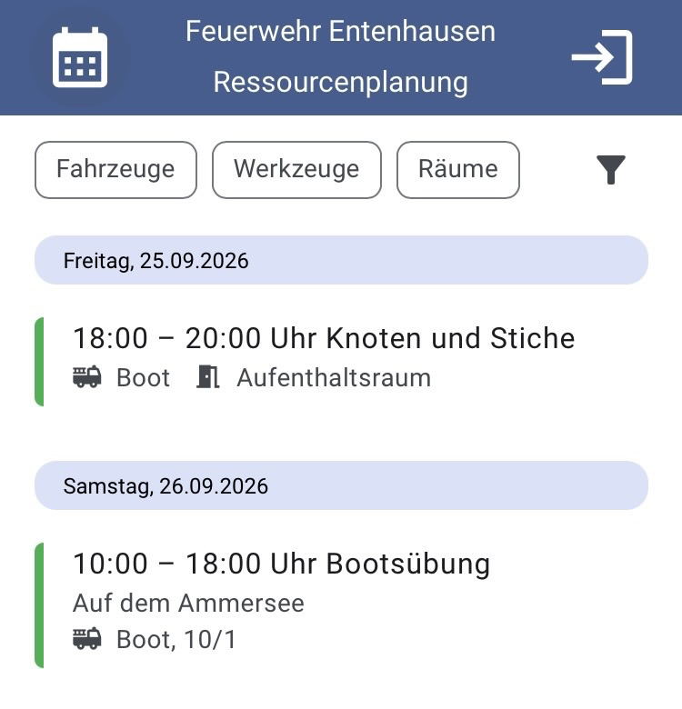 Listenansicht der Reservierungen in der WebApp