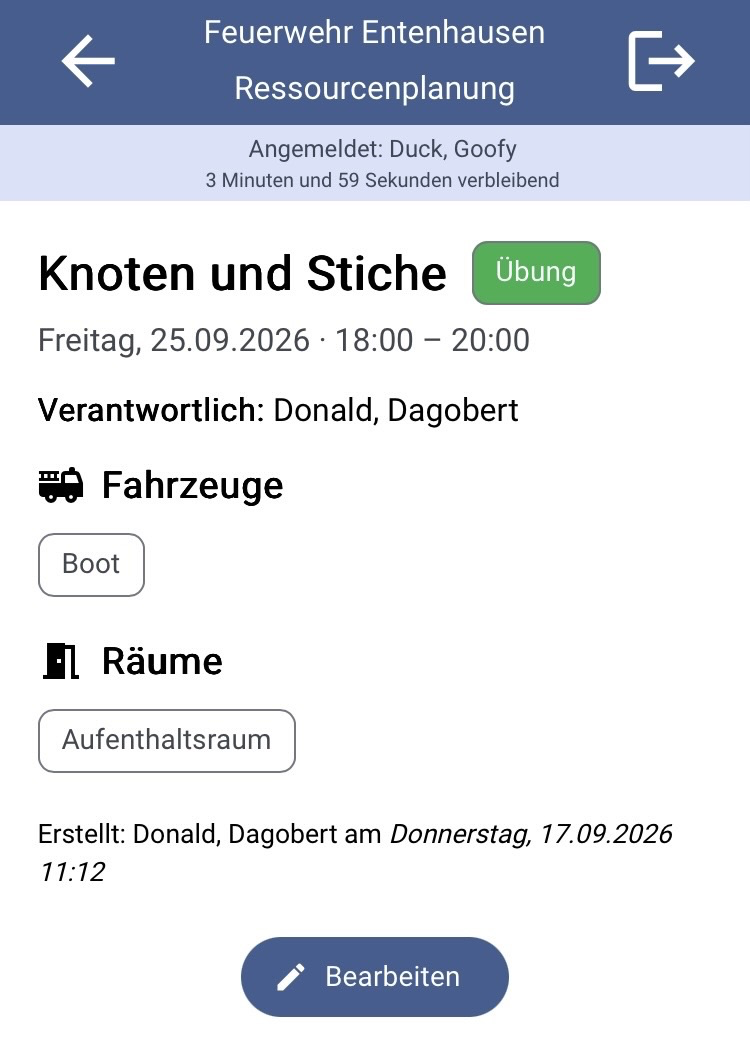 Detailansicht einer Reservierung Möglichkeit zur Bearbeitung