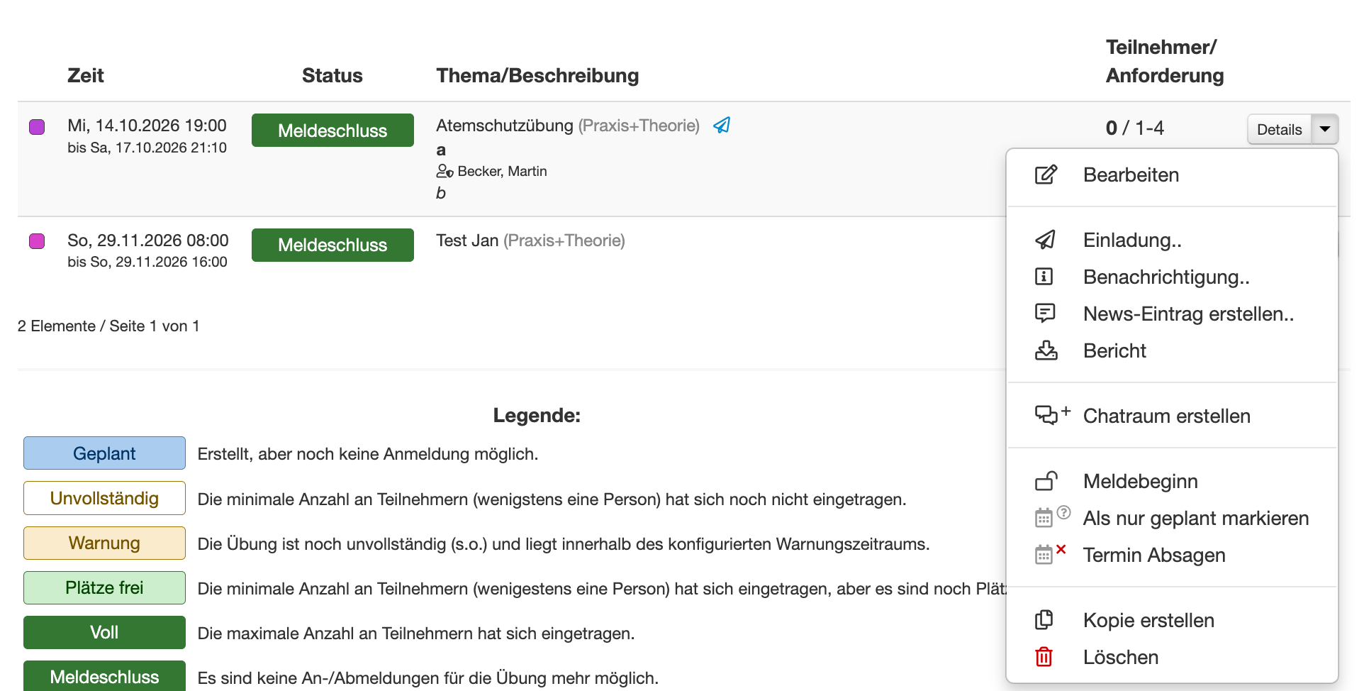 Aktionen einer Übung und Status-Legende