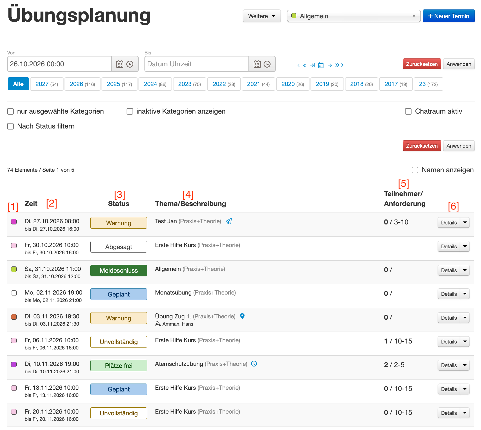 Übungsplanung mit Filtern und Übungsliste
