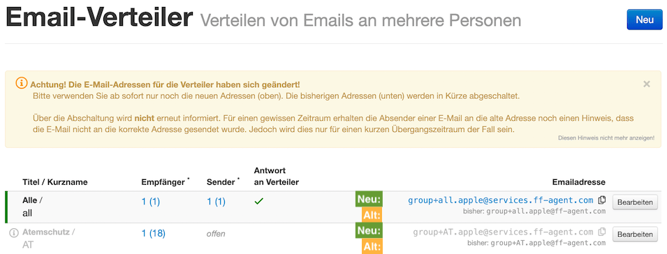 Email-Verteiler mit Darstellung der neuen und alten Email-Adresse