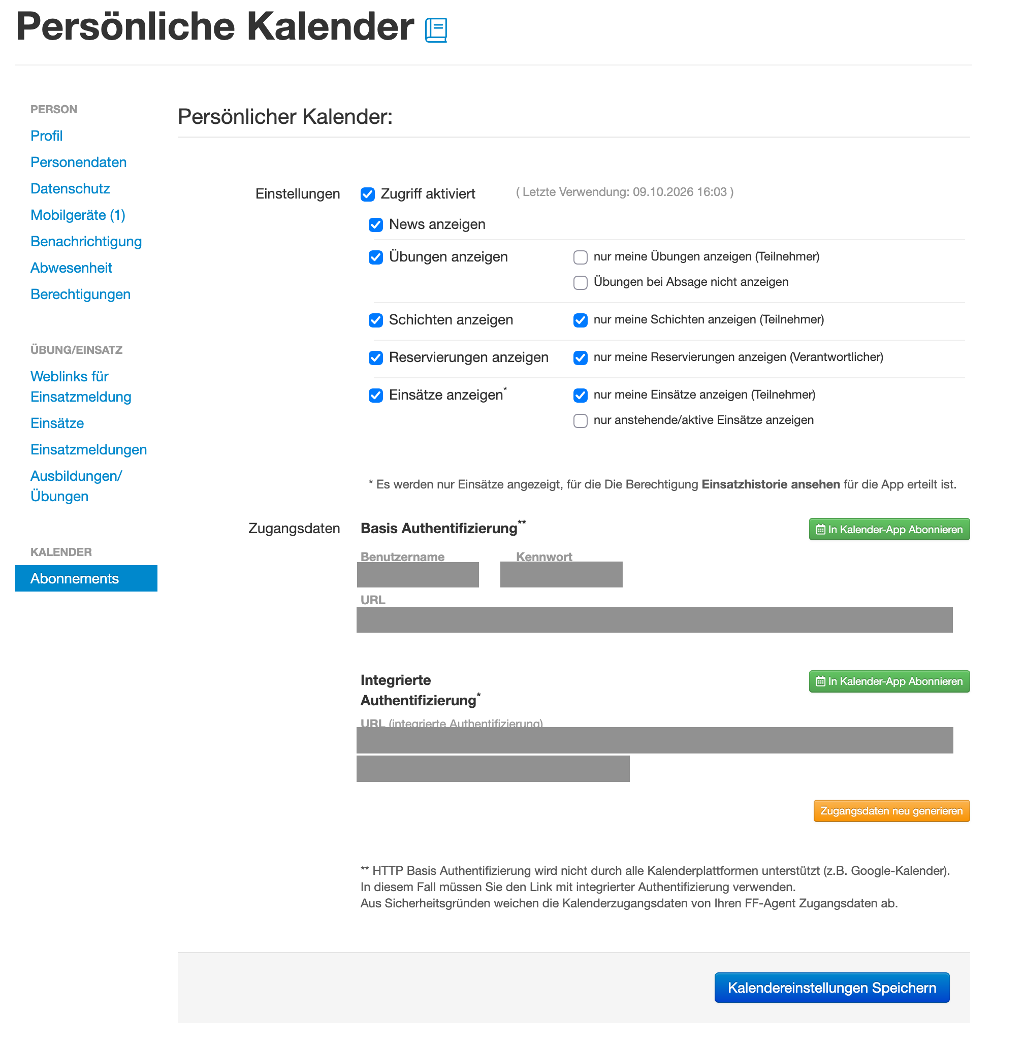 Auswahlmöglichkeiten für das Kalenderabonnement nach Aktivierung der Checkbox „Zugriff aktiviert“