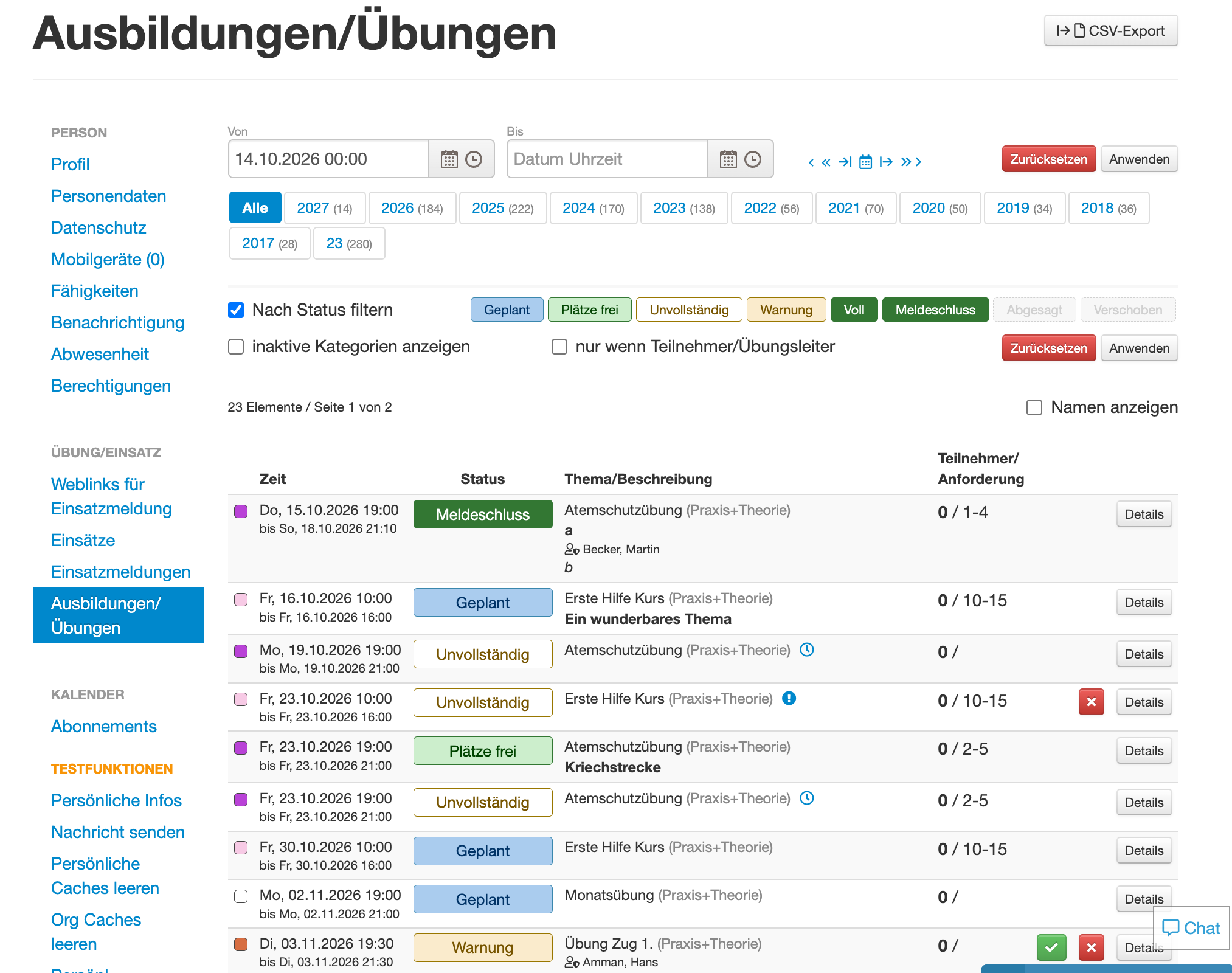Persönlicher Übungsplan in der Weboberfläche